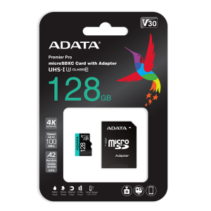 ADATA MicroSD kártya - 128GB microSDXC UHS-I U3 Class10 A2 V30S (R/W: 100/85 MB/s) + adapter