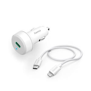 Hama Autós töltő - 201611 (Szivargyújtós, +USB-C to Lightning adatkábel, PD/QC, 20W, 1m, fehér)