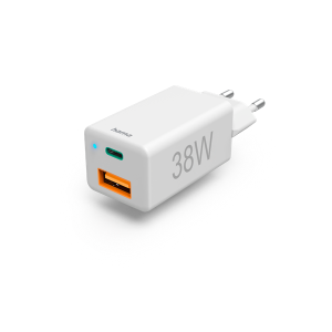 Hama Hálózati töltő - 201640 (1xUSB A, 1xUSB-C, Dual Port, PD/QC, 38W, fehér)